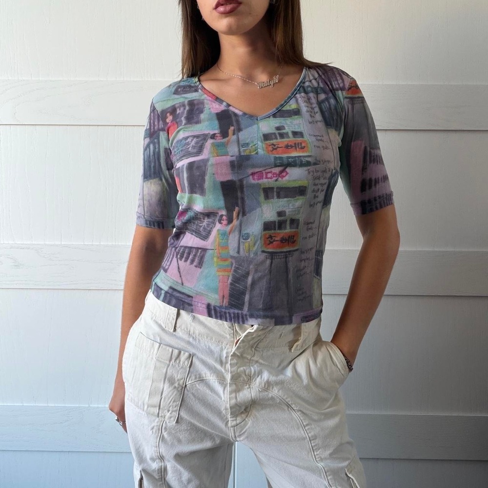 Y2K Hong Kong City Print Mesh Top